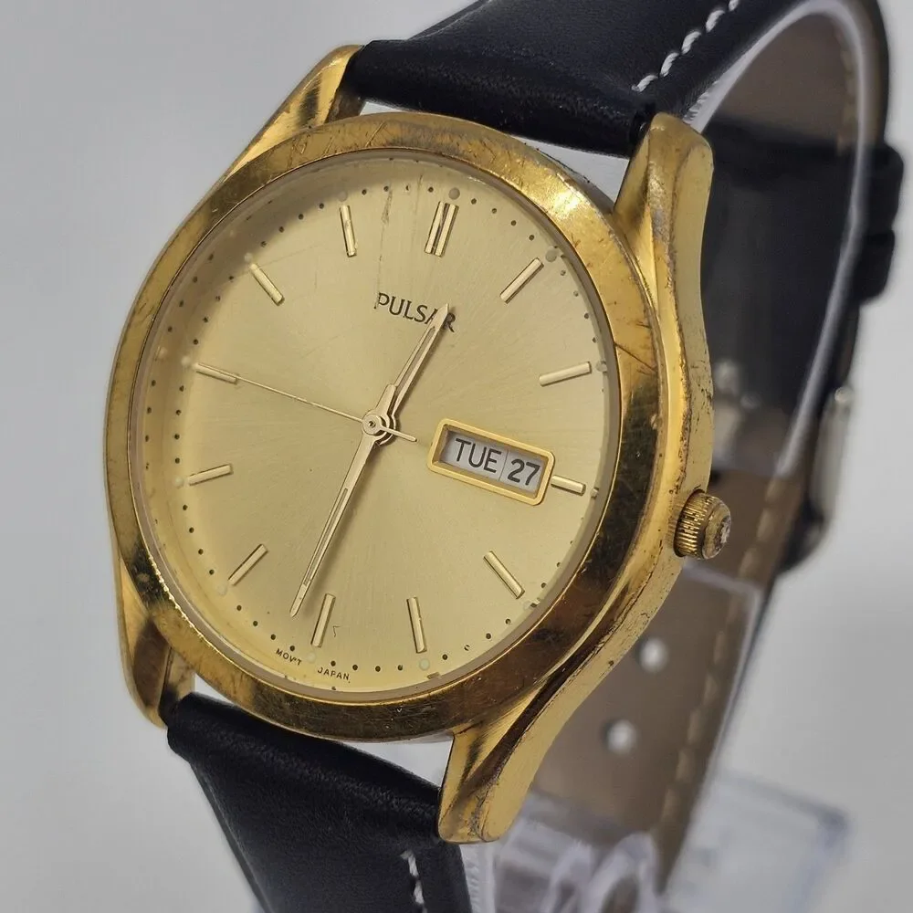 VTG Pulsar Men's Watch 37MM Gold Dial Day Date‎ New Black Leather Bands Battery
